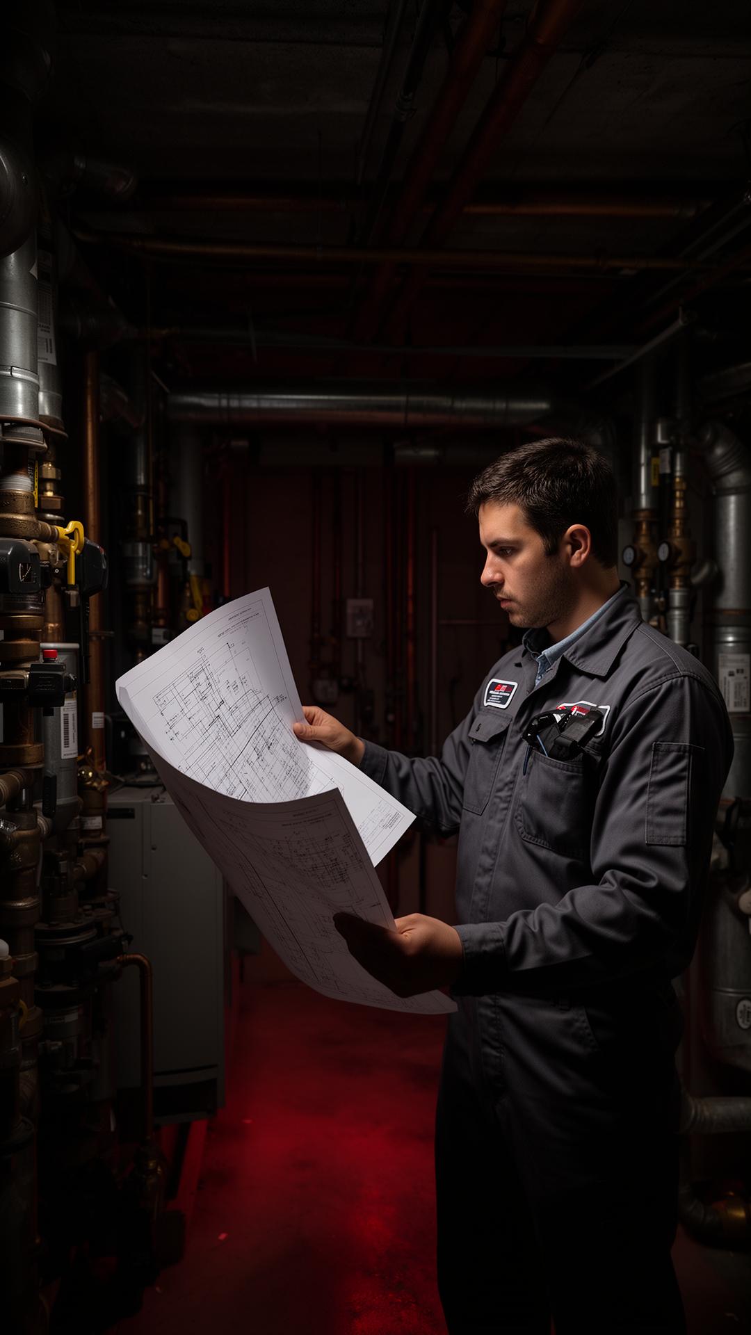 IPS technician reviewing mechanical blueprint
